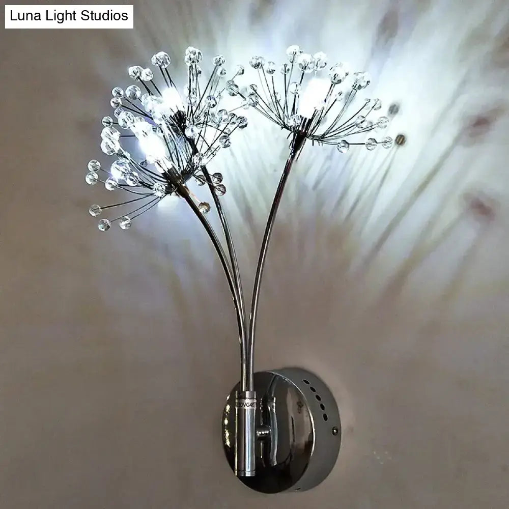 Chrome finished nordic creative crystal wall lamps with two dandelion arms and clear crystal flower bulbs for bedroom use