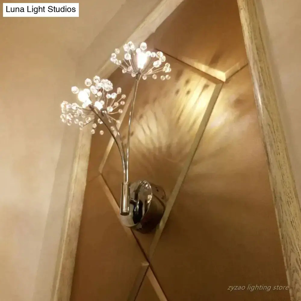 Chrome finished nordic creative crystal wall lamps with two branching arms and clear crystal flower spheres for bedroom use