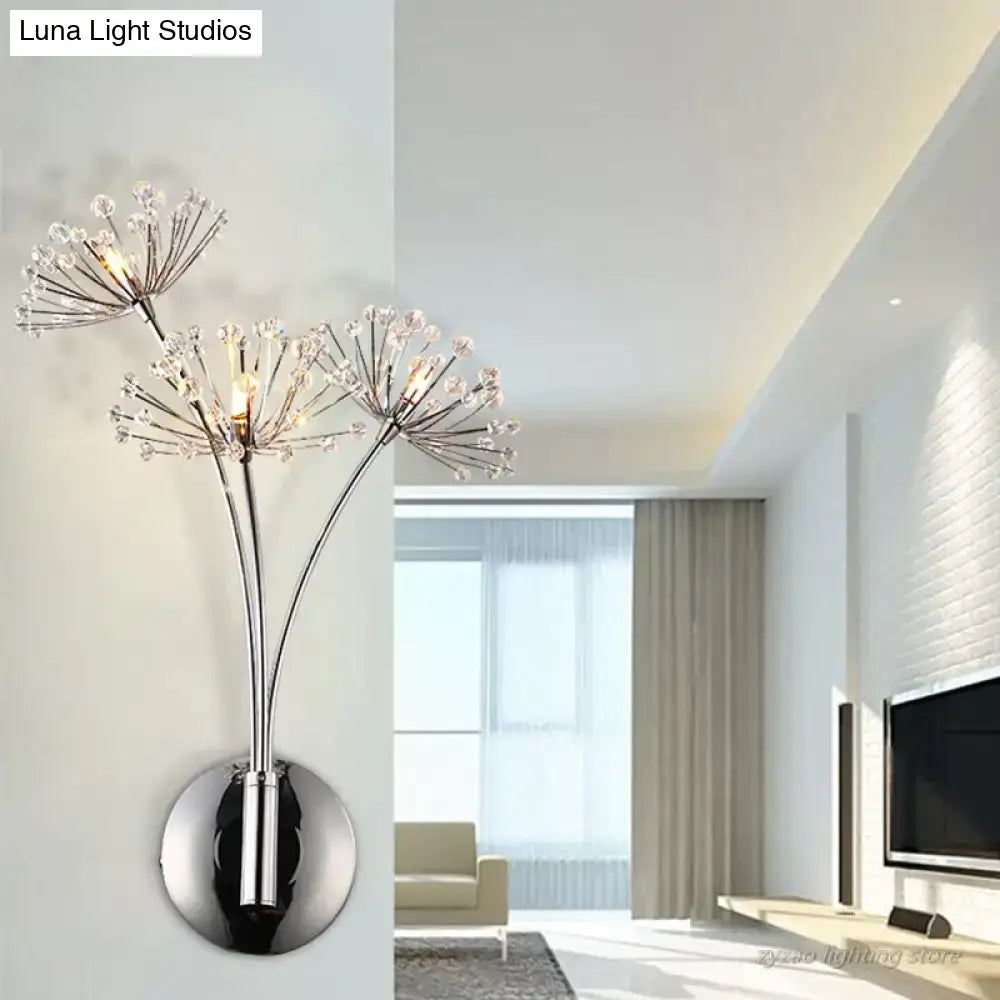 Modern chrome finish nordic creative crystal wall lamps with three creative crystal flower clusters for bedroom lighting