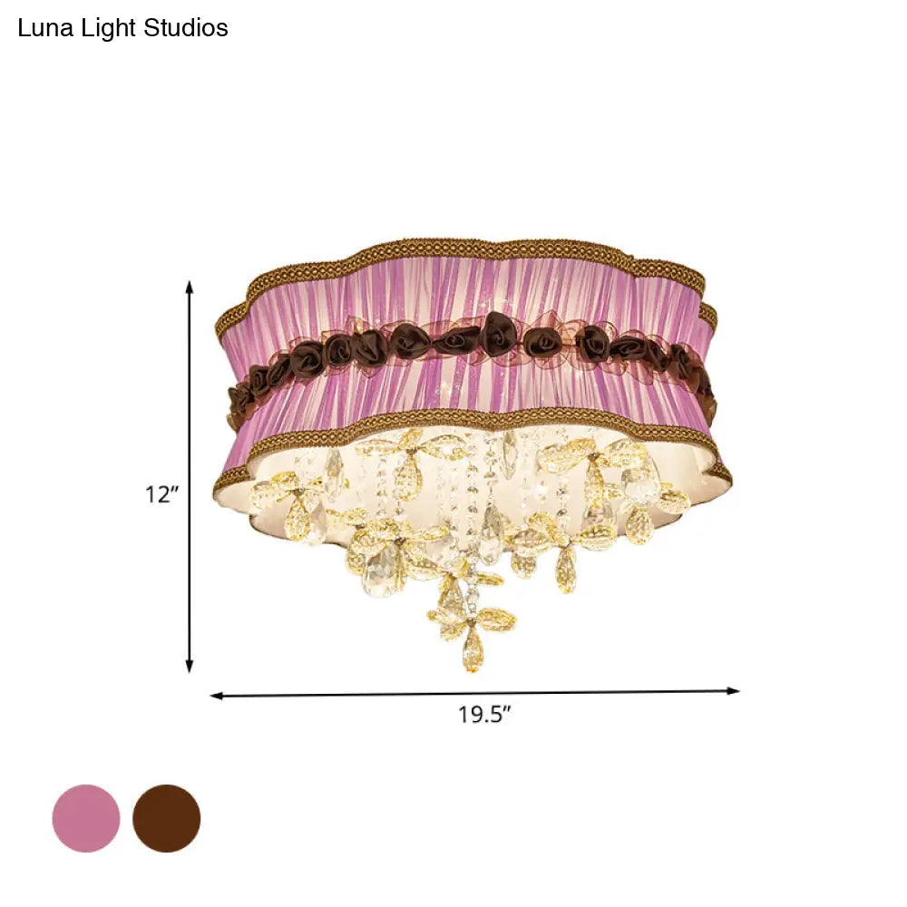 DecorBites™ DecorBites™ Nordic Crystal Floral Flushmount Light with Sheer Fabric Shade - Coffee/Pink, 6-Bulb, Close to Ceiling