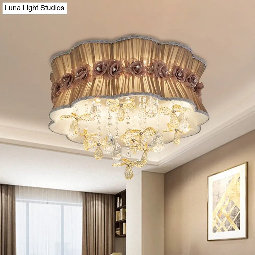 DecorBites™ DecorBites™ Nordic Crystal Floral Flushmount Light with Sheer Fabric Shade - Coffee/Pink, 6-Bulb, Close to Ceiling