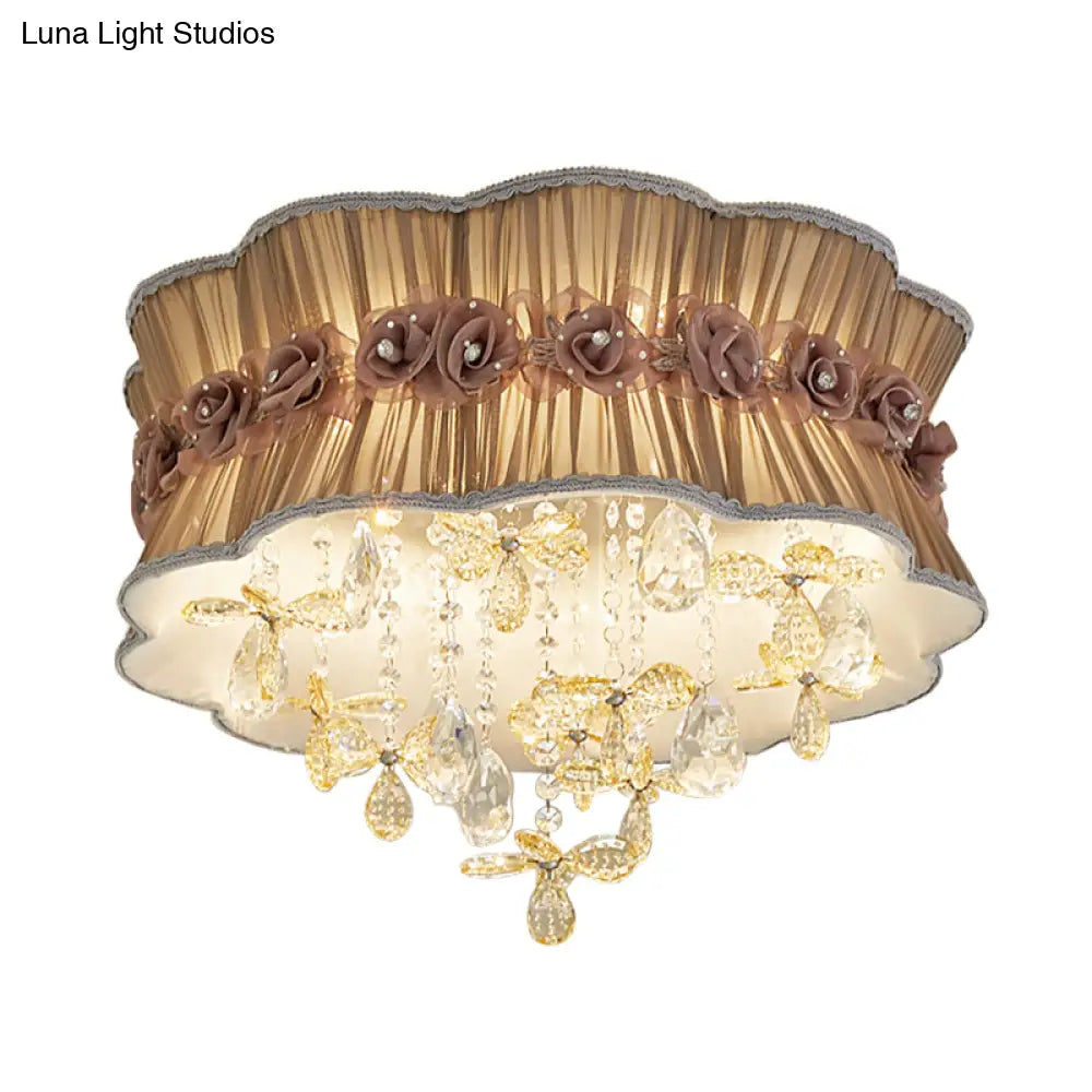 DecorBites™ DecorBites™ Nordic Crystal Floral Flushmount Light with Sheer Fabric Shade - Coffee/Pink, 6-Bulb, Close to Ceiling