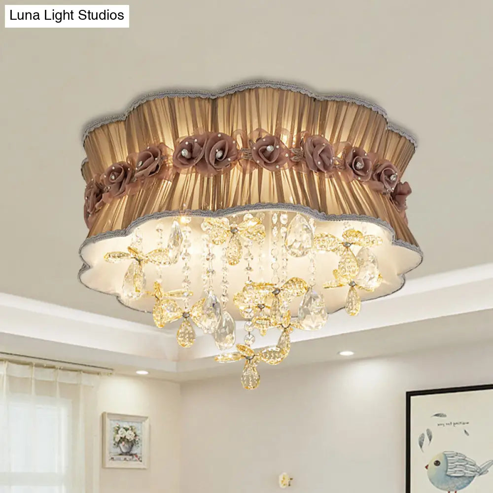 DecorBites™ DecorBites™ Nordic Crystal Floral Flushmount Light with Sheer Fabric Shade - Coffee/Pink, 6-Bulb, Close to Ceiling