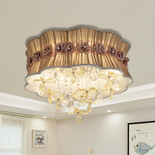 DecorBites™ DecorBites™ Nordic Crystal Floral Flushmount Light with Sheer Fabric Shade - Coffee/Pink, 6-Bulb, Close to Ceiling