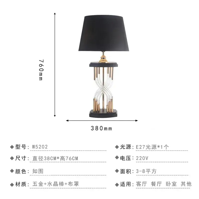 Black lampshade crystal table lamp with gold-toned metal and clear crystal elements for bedroom use