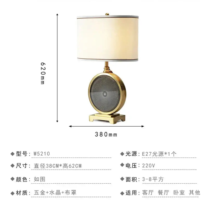 Nordic crystal table lamp with gold-toned brass base featuring crystal facets and off-white fabric shade for bedroom