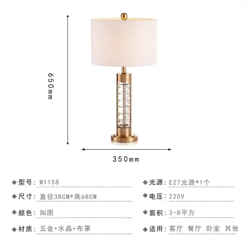 Gold-toned nordic crystal table lamp with brass accents and cream fabric shade for bedroom use