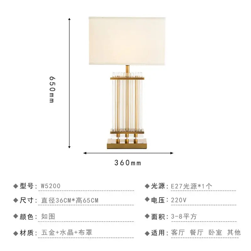Nordic crystal table lamp with gold-toned vertical crystal rods, cream fabric shade, and polished brass base for bedroom