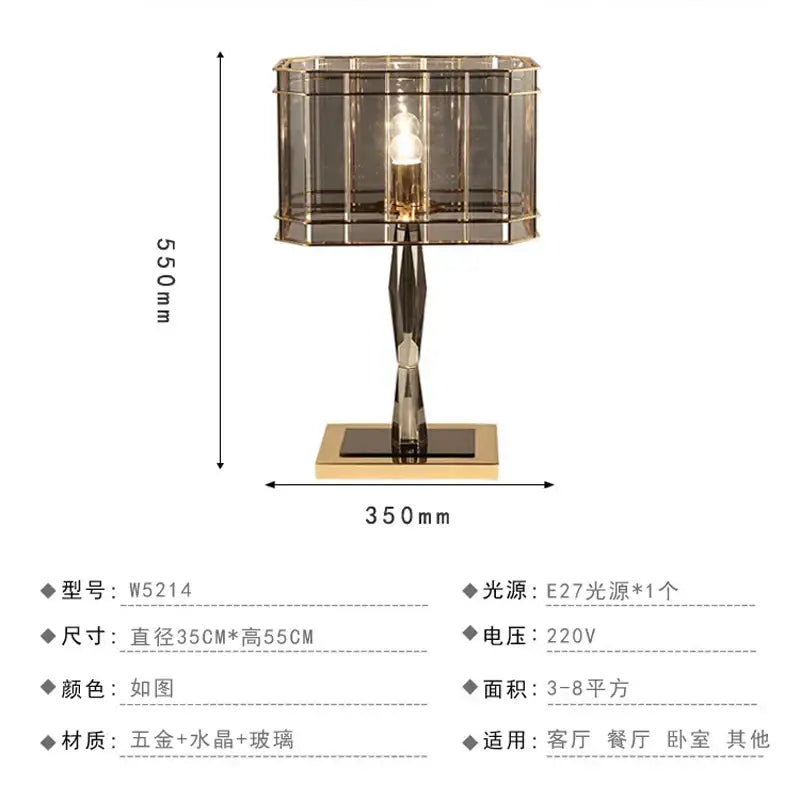 A nordic crystal table lamp with a rectangular faceted glass shade and gold-toned brass base for bedroom use