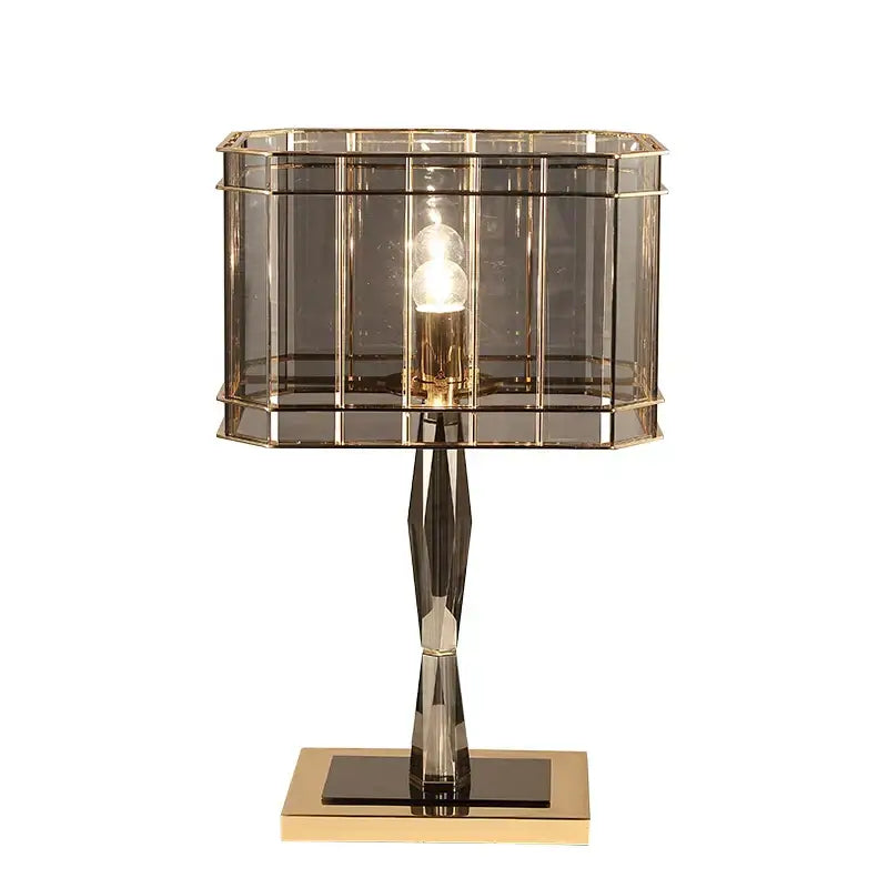 Nordic crystal table lamp with faceted gold-toned base brass accents and rectangular translucent glass shade for bedroom