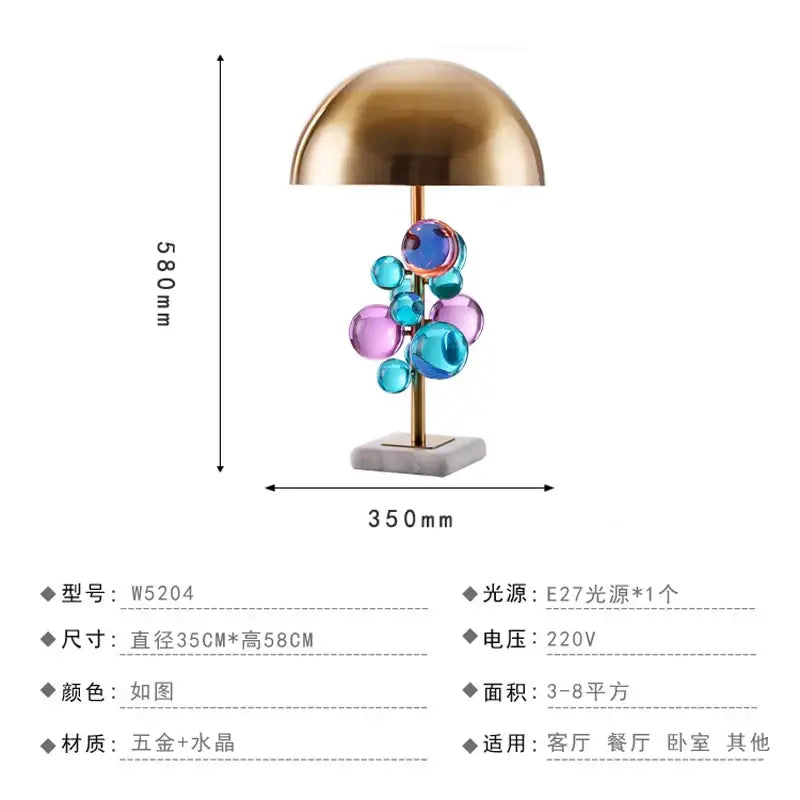 Nordic crystal table lamp with polished gold dome shade, colorful crystal spheres, brass accents, and marble base for bedroom