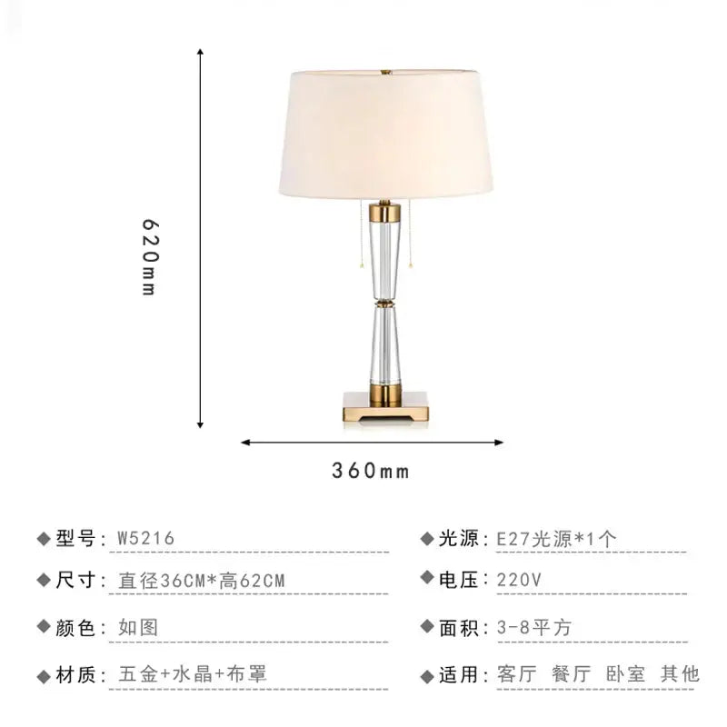 Nordic crystal table lamp with clear crystal body, brass accents, and off-white fabric shade for bedroom use