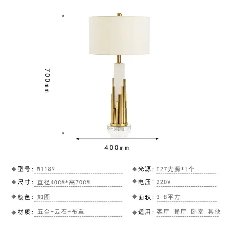 Nordic crystal table lamp with cream fabric shade, white marble column, brass accents, and clear crystal base for bedroom
