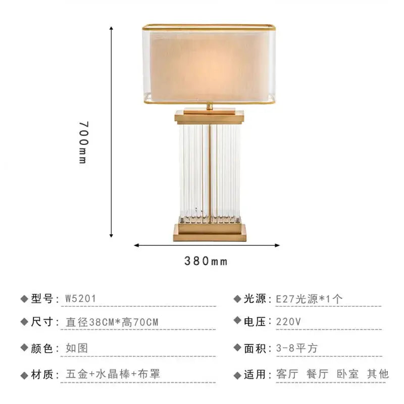 Nordic crystal table lamp with gold-toned metal base, vertical crystal rods, and beige fabric shade for bedroom use