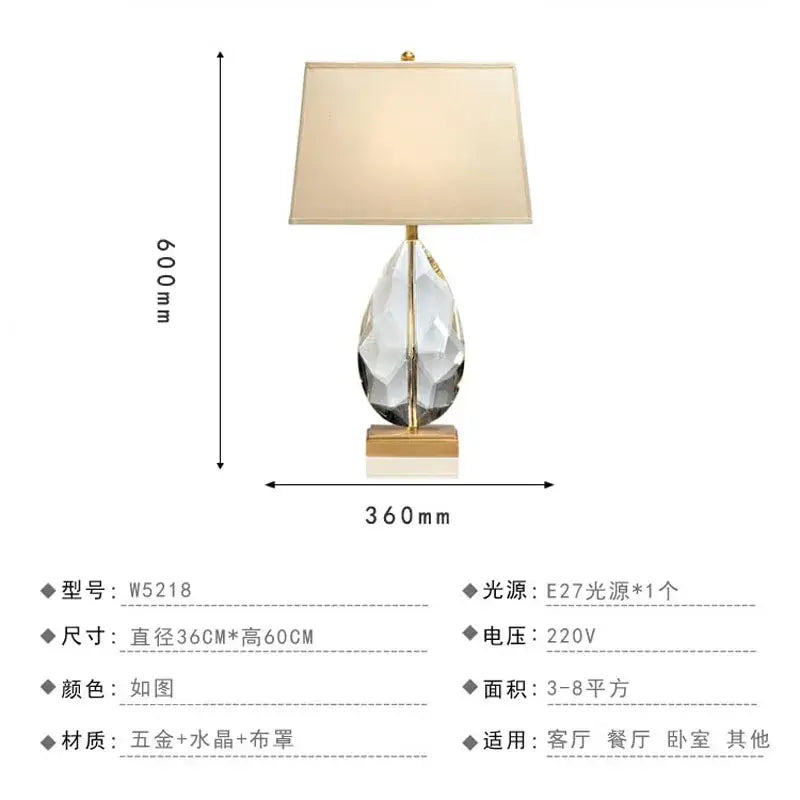 A sleek 60cm nordic crystal table lamp with a faceted crystal base and brass accents for bedroom use