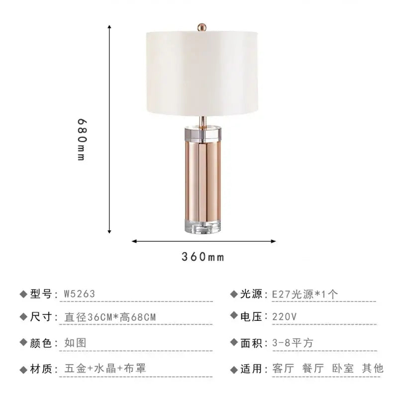 A sleek 680mm tall nordic crystal table lamp with rose gold metallic base brass accents and ivory fabric shade