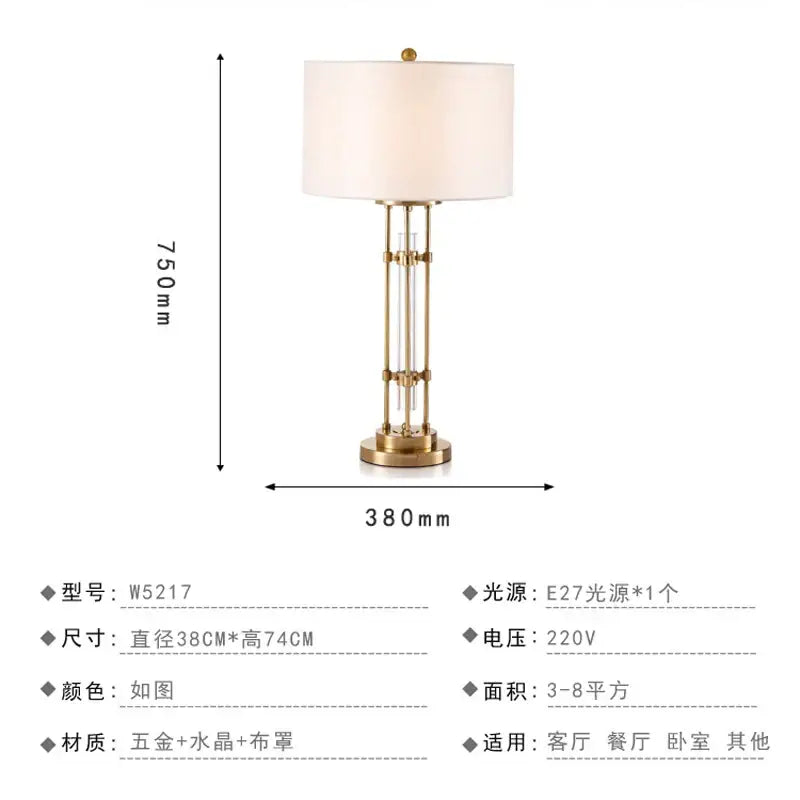 Nordic crystal table lamp with gold metal frame, vertical crystal accents, and cream fabric shade for bedroom use