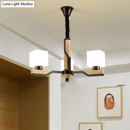 Nordic Cube-Shaped Ceiling Lamp with Wooden Chandelier for Living Room (3 or 5 Heads)