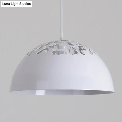 Nordic Dome Ceiling Pendant Light - 14"/16" Wide, 1-Light Iron Lamp with Hollowed Top - Black/White