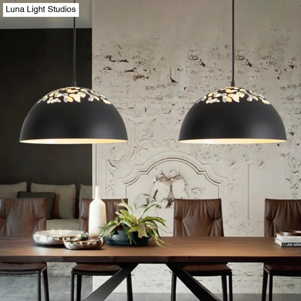 Nordic Dome Ceiling Pendant Light - 14"/16" Wide, 1-Light Iron Lamp with Hollowed Top - Black/White