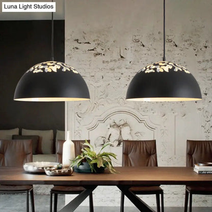 Nordic Dome Ceiling Pendant Light - 14"/16" Wide, 1-Light Iron Lamp with Hollowed Top - Black/White