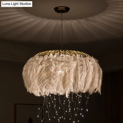 Nordic Feather Round Chandelier - LED Pendant Light for Bedroom with Firefly String