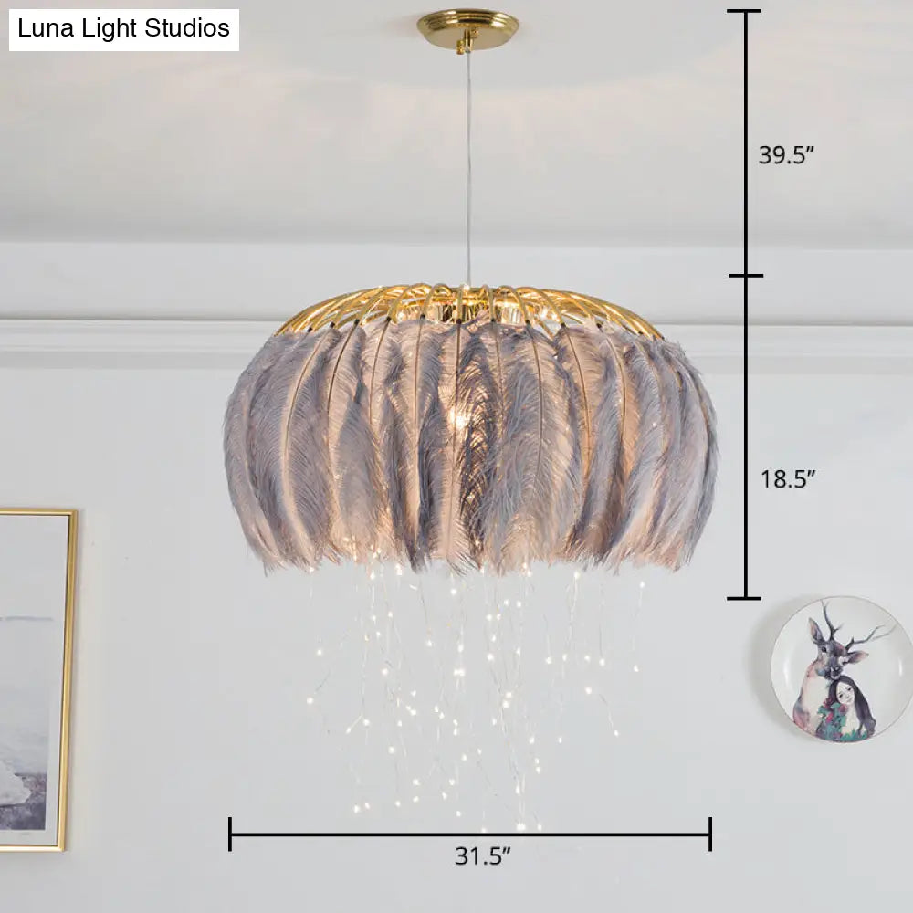 Nordic Feather Round Chandelier - LED Pendant Light for Bedroom with Firefly String