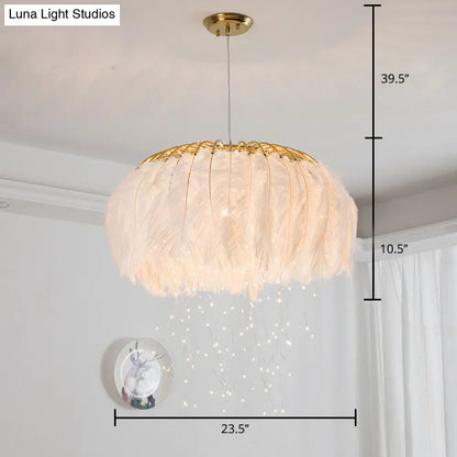 Nordic Feather Round Chandelier - LED Pendant Light for Bedroom with Firefly String