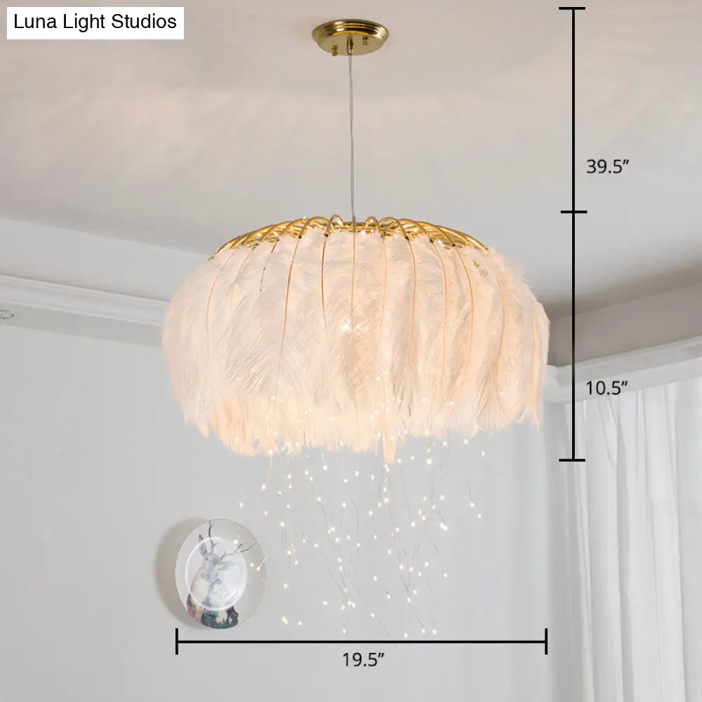 Nordic Feather Round Chandelier - LED Pendant Light for Bedroom with Firefly String