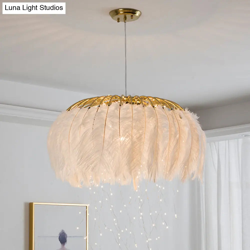 Nordic Feather Round Chandelier - LED Pendant Light for Bedroom with Firefly String