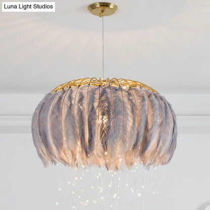 Nordic Feather Round Chandelier - LED Pendant Light for Bedroom with Firefly String