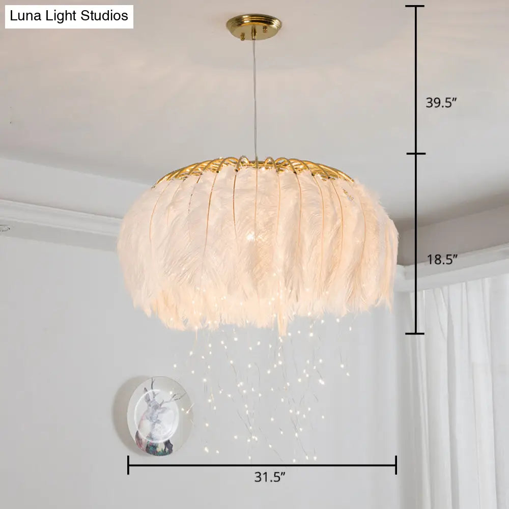 Nordic Feather Round Chandelier - LED Pendant Light for Bedroom with Firefly String