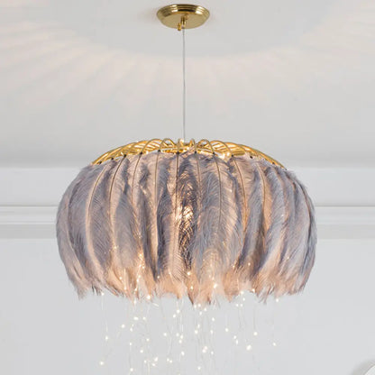 Nordic Feather Round Chandelier - LED Pendant Light for Bedroom with Firefly String