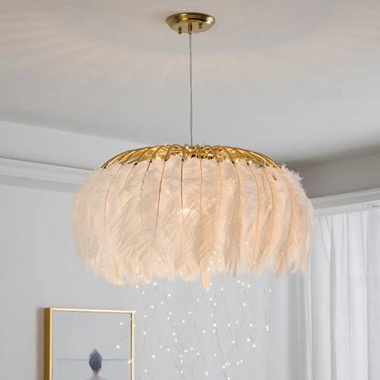 Nordic Feather Round Chandelier - LED Pendant Light for Bedroom with Firefly String