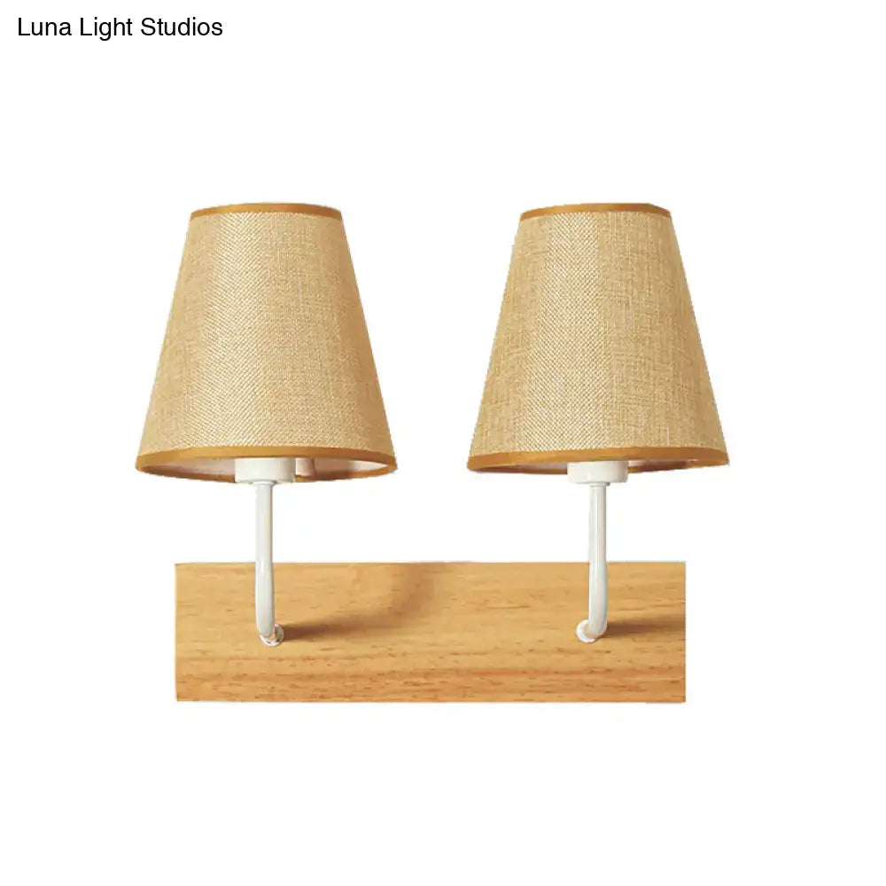Nordic flaxen and wood bedroom wall sconce with pair of beige woven fabric lampshades using led incandescent light