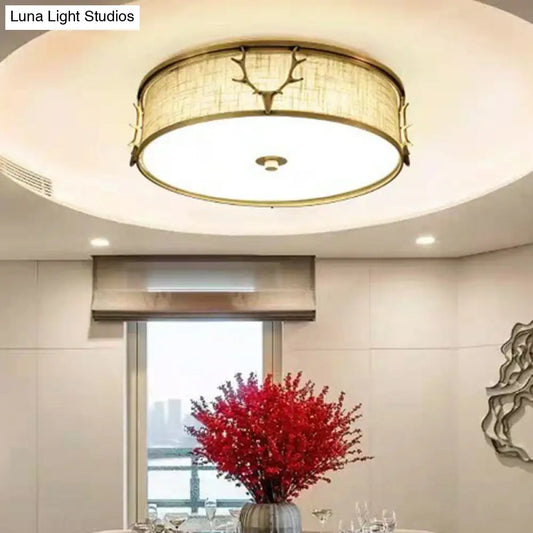 DecorBites™ DecorBites™ Nordic Foyer Charm: Fabric Drum Flush Mount Ceiling Light with Decorative Antler Accents