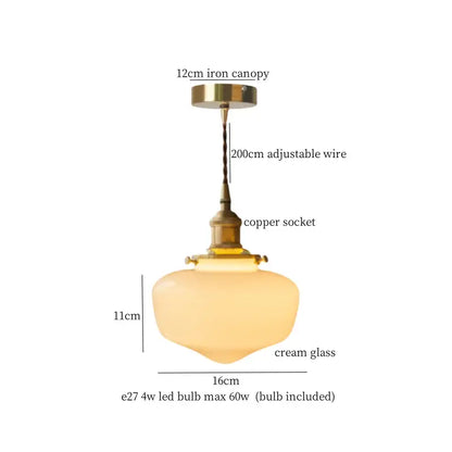 Nordic frosted glass led pendant lamp with brass canopy, adjustable copper wire, and cream glass shade for bedrooms