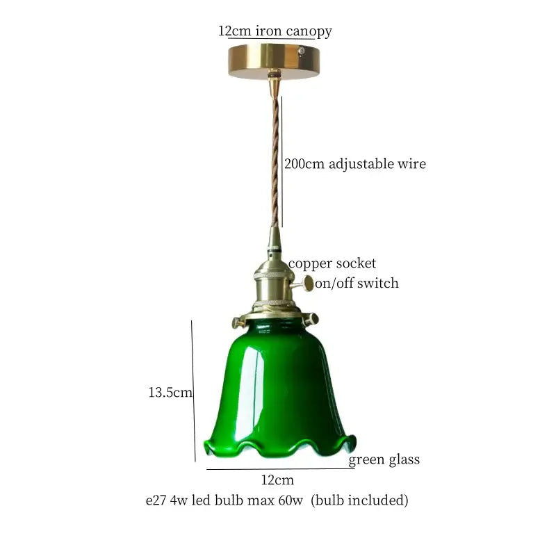 Vintage-style green glass led pendant lamp with brass canopy and copper socket for bedroom lighting