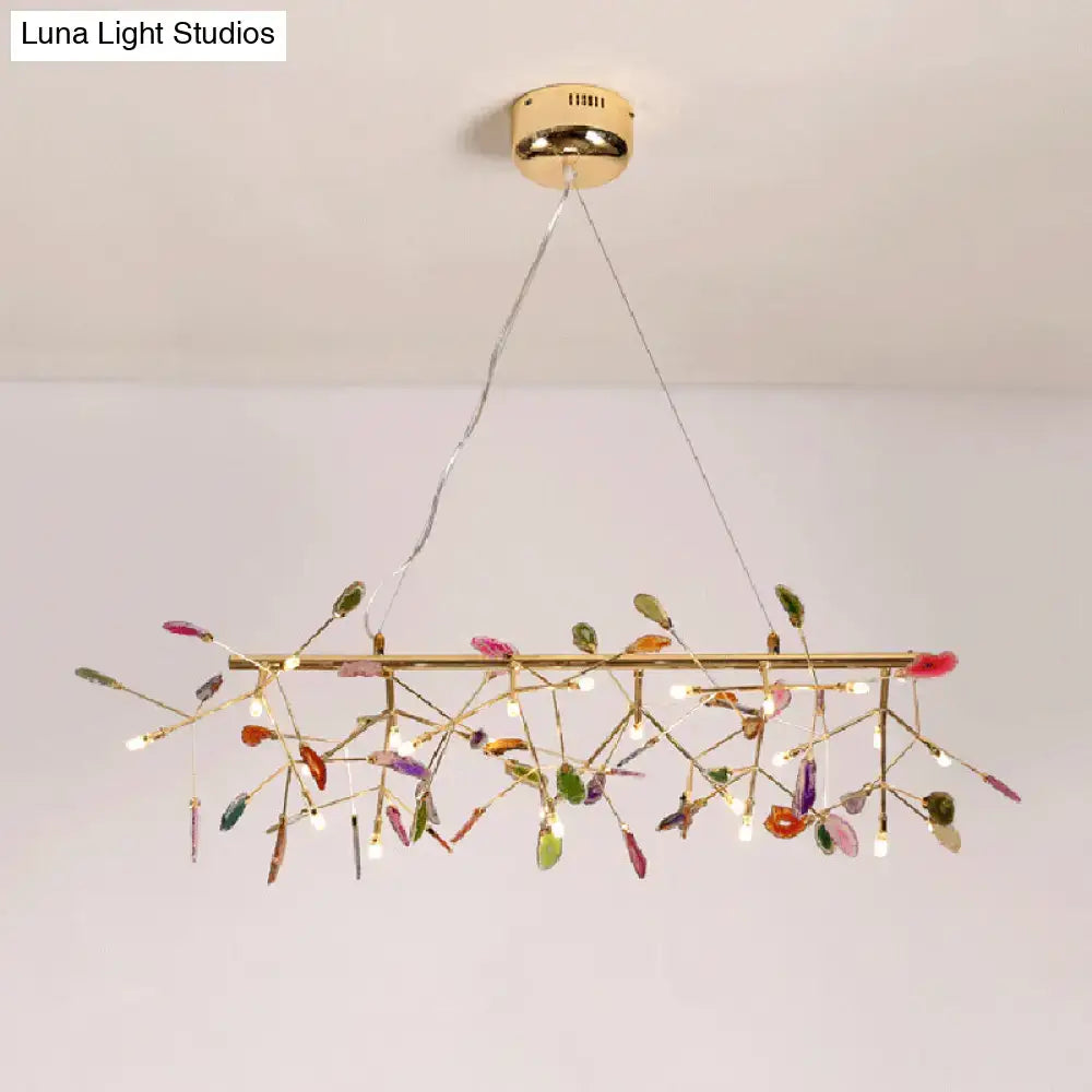 Nordic gold and colorful branch ceiling light with gold-toned chandelier and leaf-shaped glass elements for dining room