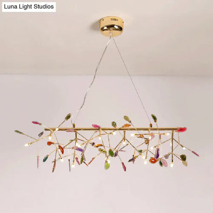 Nordic gold and colorful branch ceiling light with gold-toned chandelier and leaf-shaped glass elements for dining room