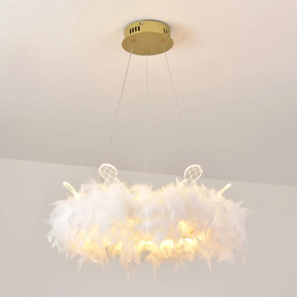 Nordic Gold and White Feather Crown Chandelier for Girls' Room - Elegant Suspension Lighting