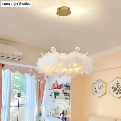 Nordic Gold and White Feather Crown Chandelier for Girls' Room - Elegant Suspension Lighting