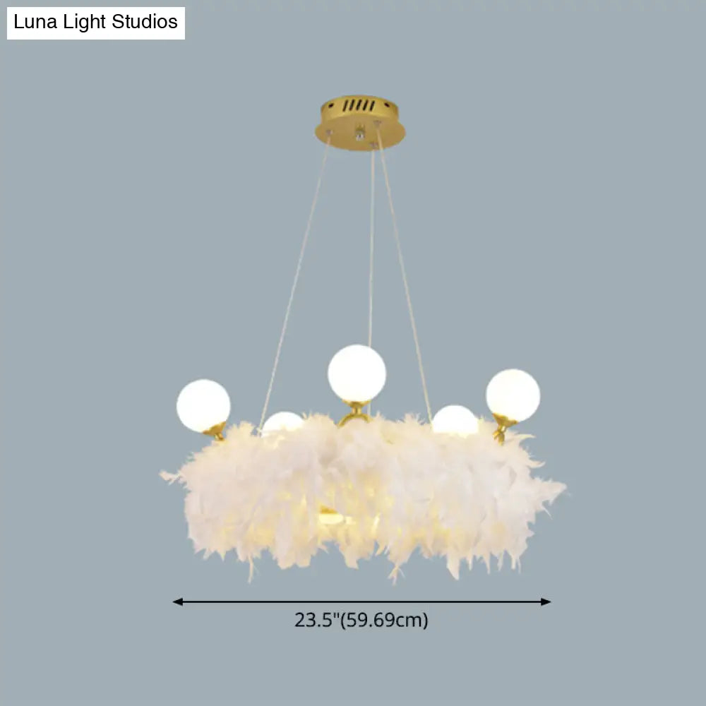 Nordic Gold and White Feather Crown Chandelier for Girls' Room - Elegant Suspension Lighting