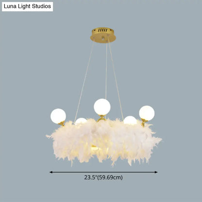 Nordic Gold and White Feather Crown Chandelier for Girls' Room - Elegant Suspension Lighting