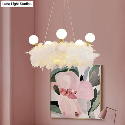Nordic Gold and White Feather Crown Chandelier for Girls' Room - Elegant Suspension Lighting