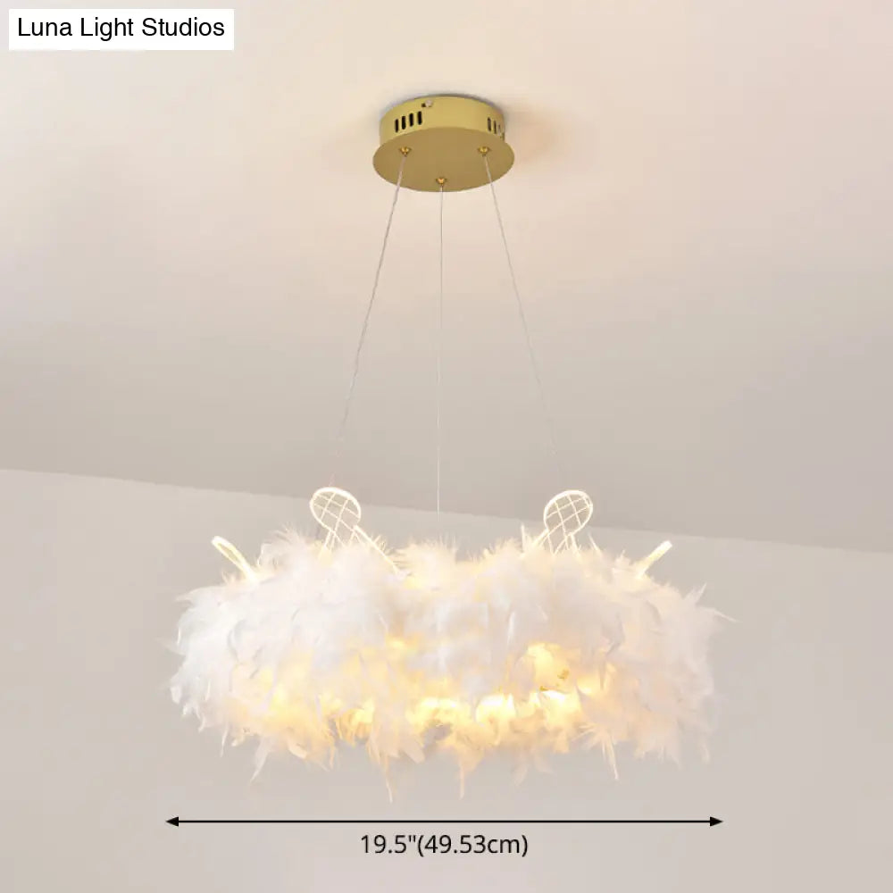 Nordic Gold and White Feather Crown Chandelier for Girls' Room - Elegant Suspension Lighting