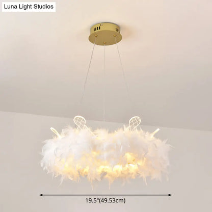 Nordic Gold and White Feather Crown Chandelier for Girls' Room - Elegant Suspension Lighting