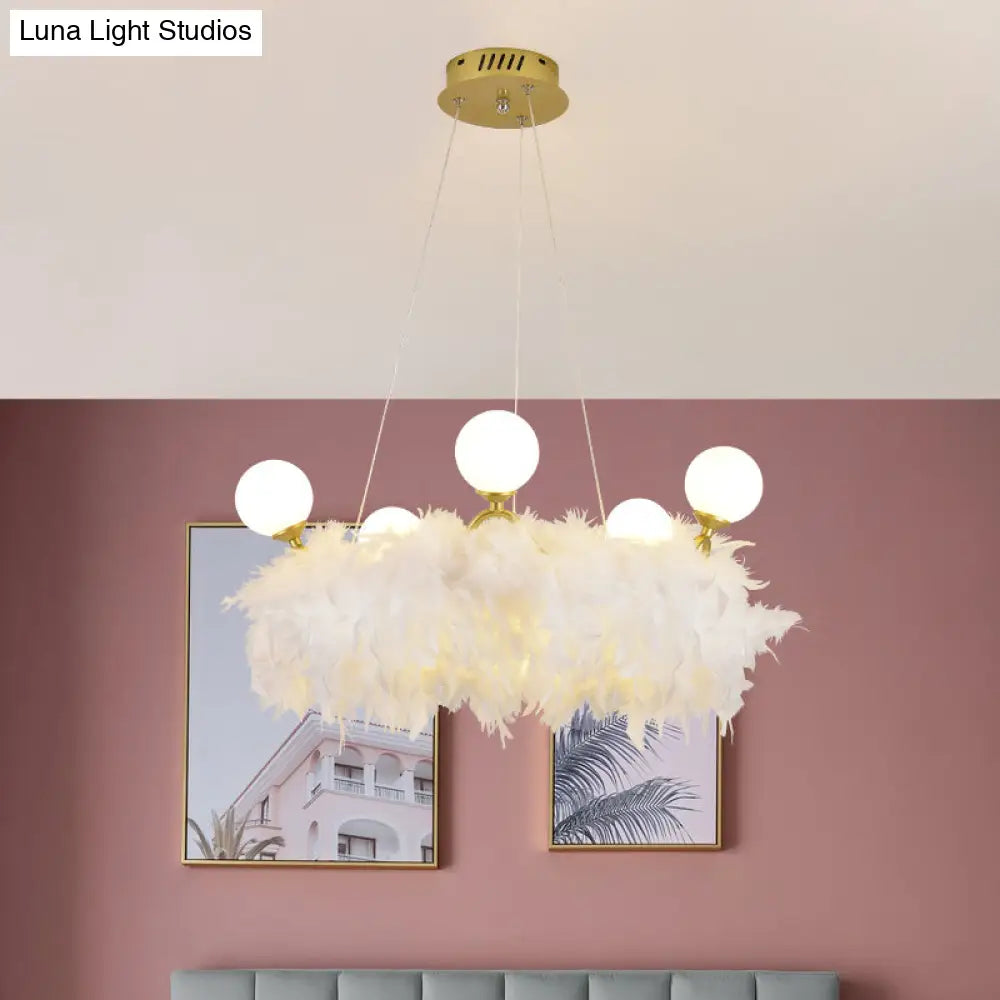 Nordic Gold and White Feather Crown Chandelier for Girls' Room - Elegant Suspension Lighting
