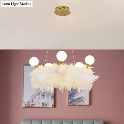 Nordic Gold and White Feather Crown Chandelier for Girls' Room - Elegant Suspension Lighting