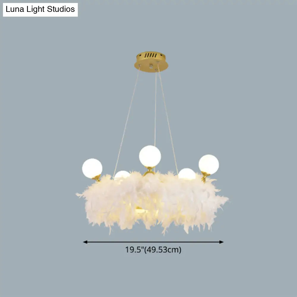 Nordic Gold and White Feather Crown Chandelier for Girls' Room - Elegant Suspension Lighting